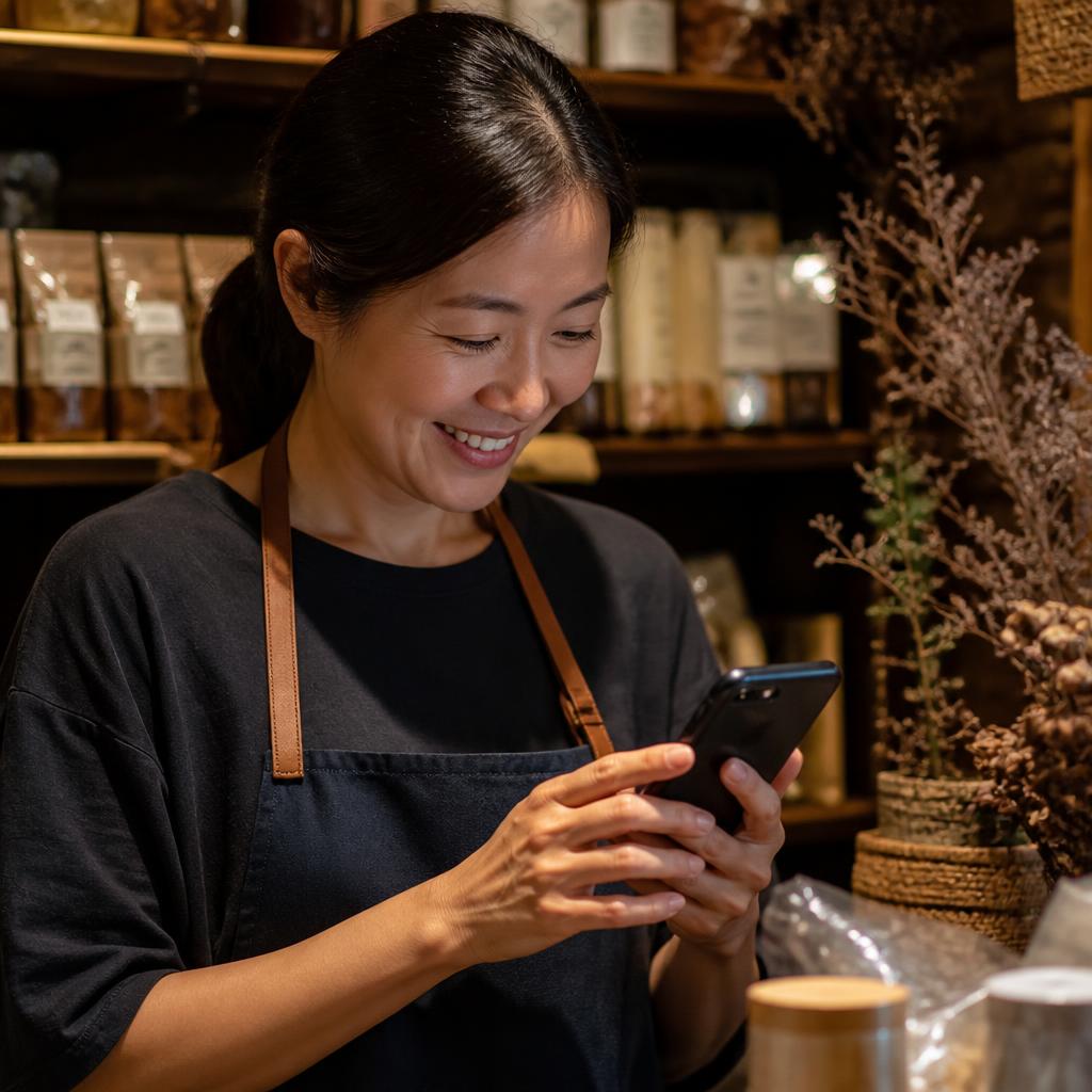 Commerçante répondant aux messages clients depuis son smartphone
